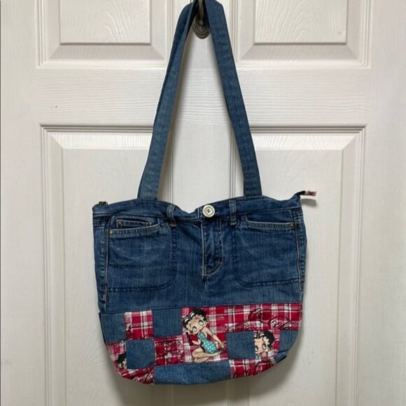 Handmade Denim Jean Betty Boop CocaCola Patchwork Double Strap Tote Bag - Picture 1 of 15